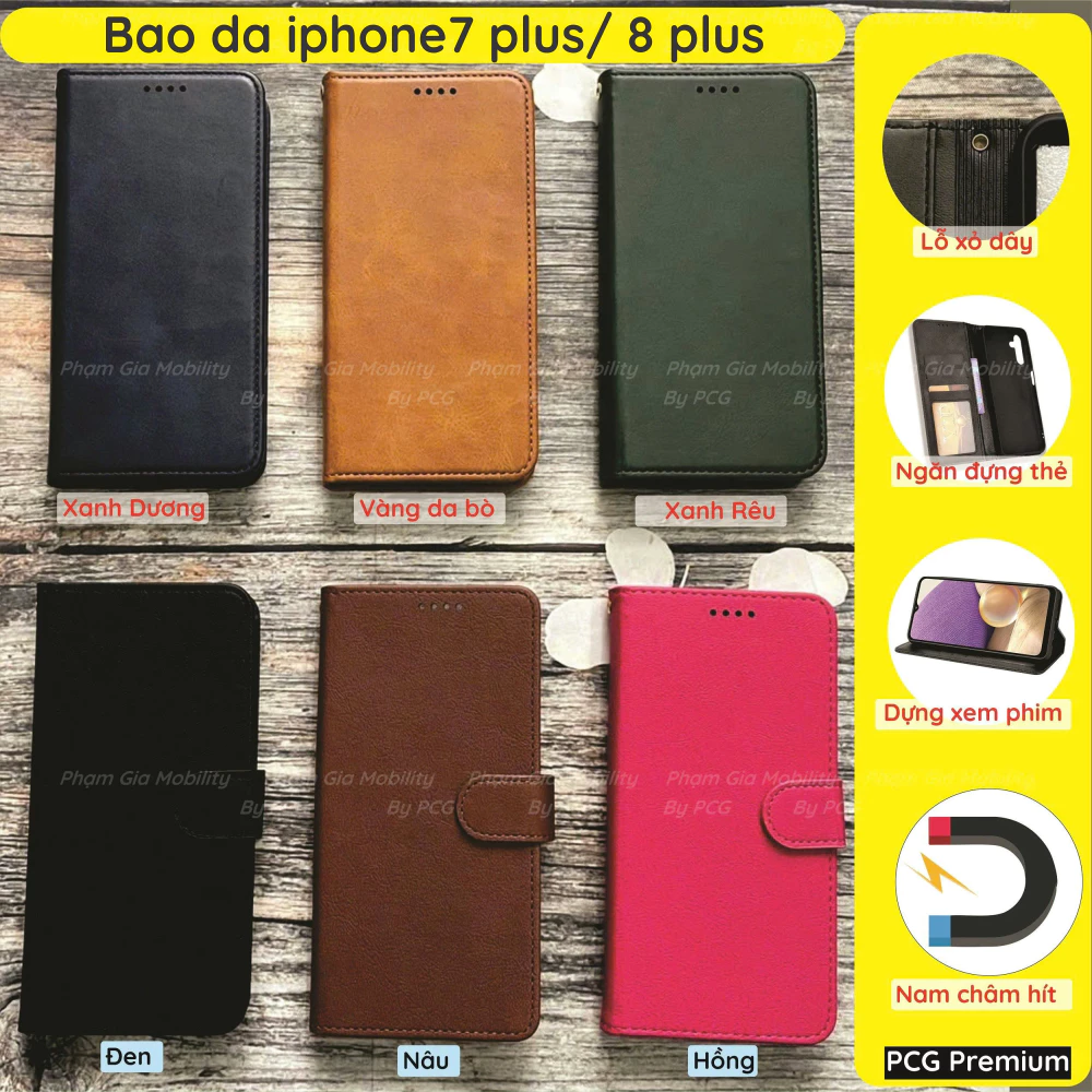 Bao da iphone7 plus (7+), 8 plus (8+) có nấp gập, ngăn đựng thẻ tiện lợi