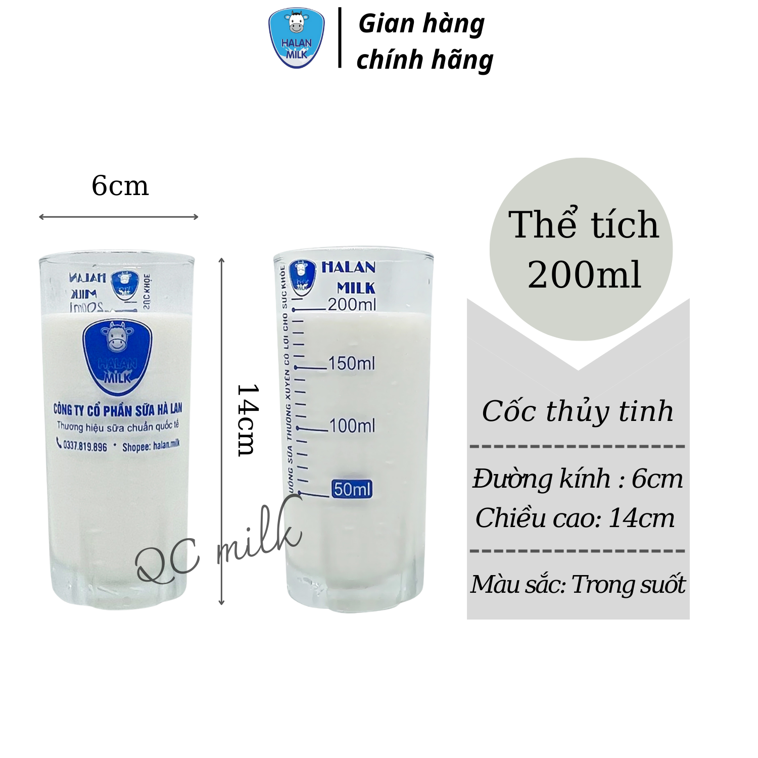 Cốc pha sữa thuỷ tinh chia vạch 200ml - halan.milk