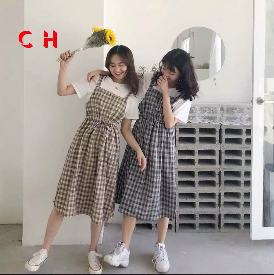 (rẻ vô địch) Sét váy yếm kẻ caro chun eo và áo siêu xinh