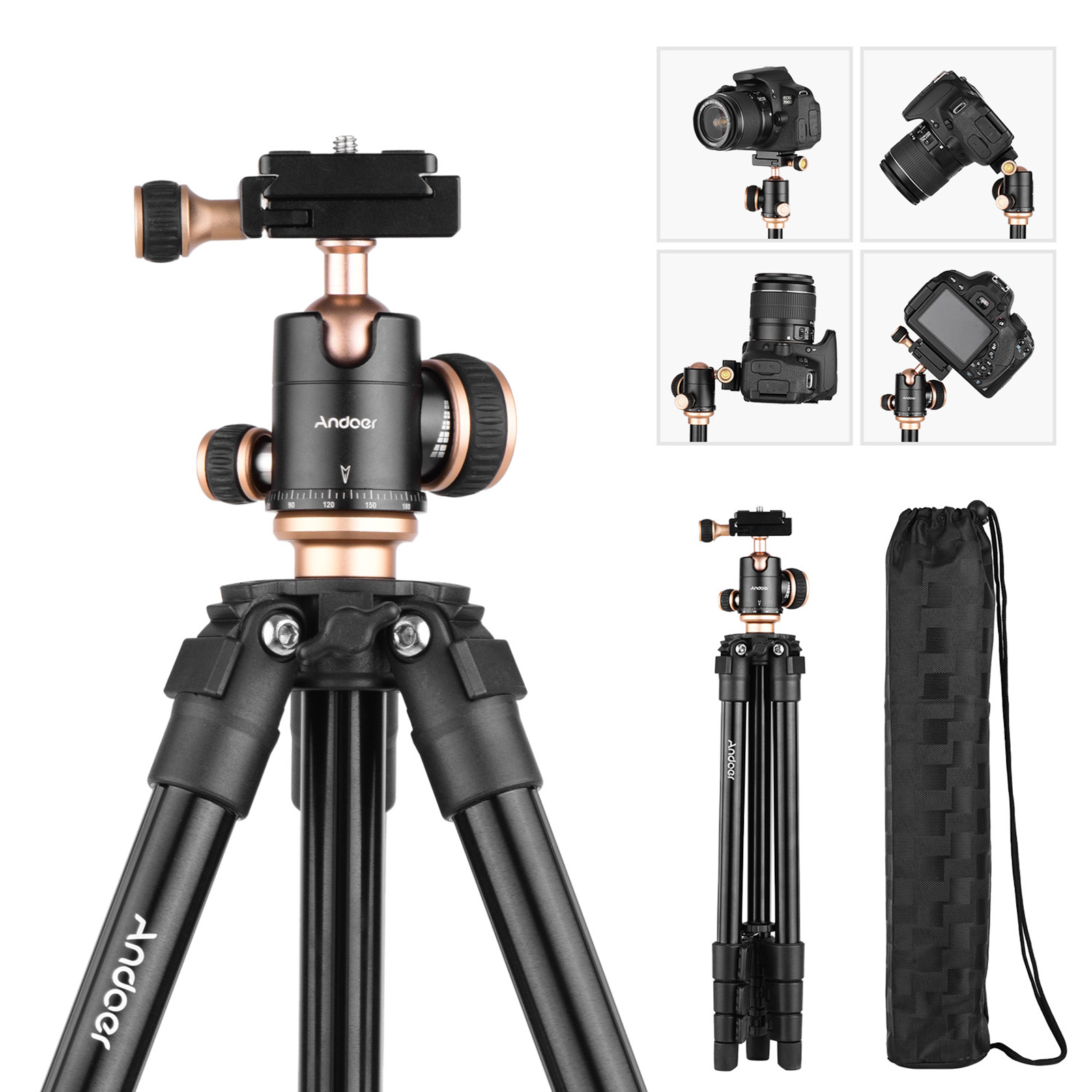 Andoer Q160SA Camera Tripod Complete Tripods with Panoramic Ballhead Bubble Level Adjustable Height Portable Travel Tripod for DSLR Digital Cameras Camcorder Mini Projector Compatible with Canon Nikon Sony