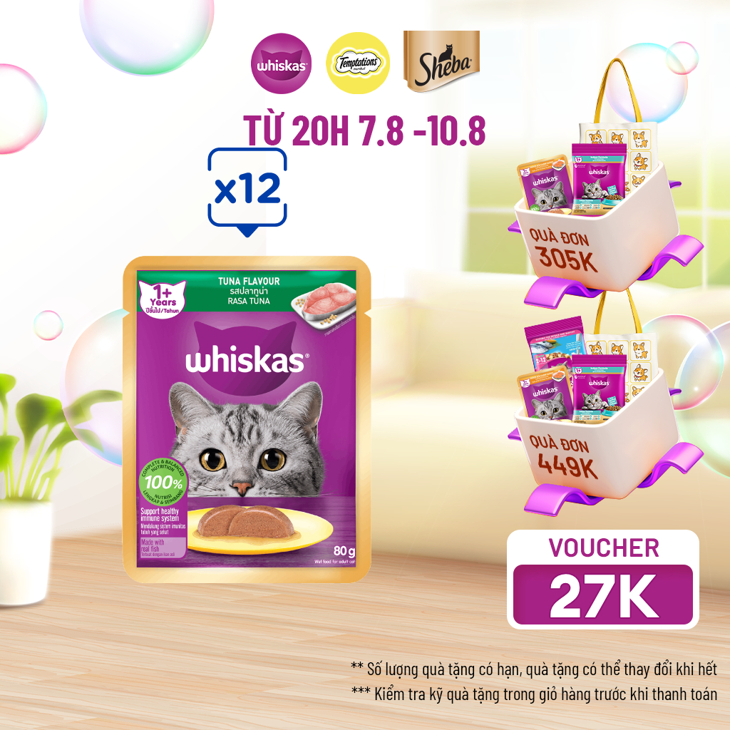 WHISKAS® Thức ăn cho mèo lớn dạng sốt (pate mèo) vị cá 80g (14 gói)
