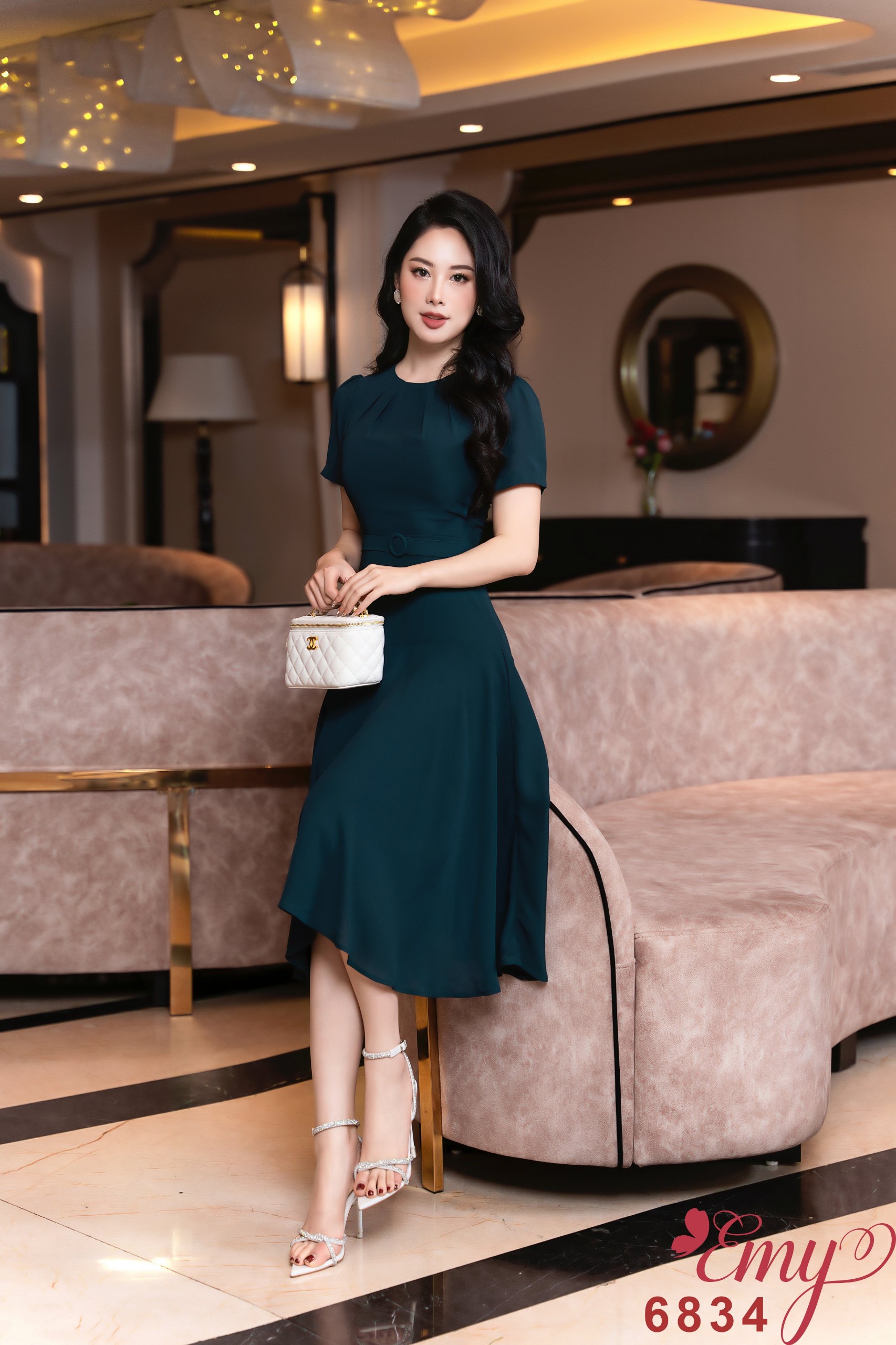 Đầm EMY EM6834 Xoè Xanh Cổ Tròn