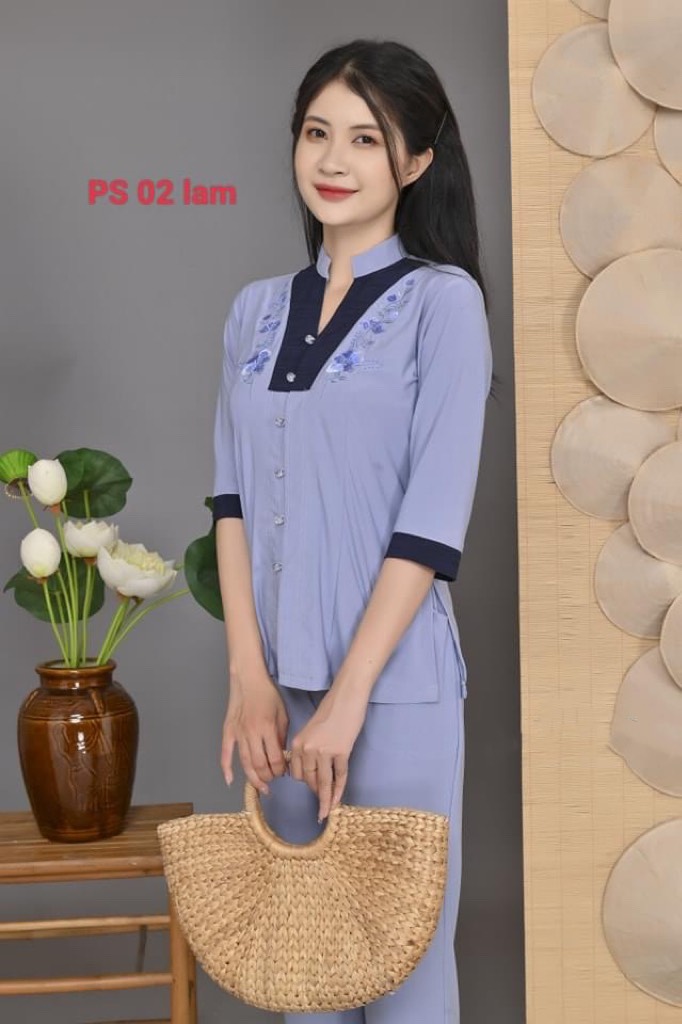đồ lam đi chùa - mẫu lảnh tụ phối thun ( vãi Thun co giãn )