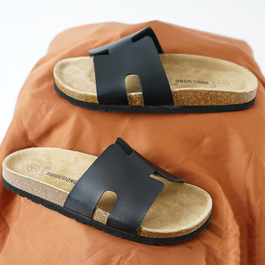Dép đế trấu unisex kiểu  H da pu đen