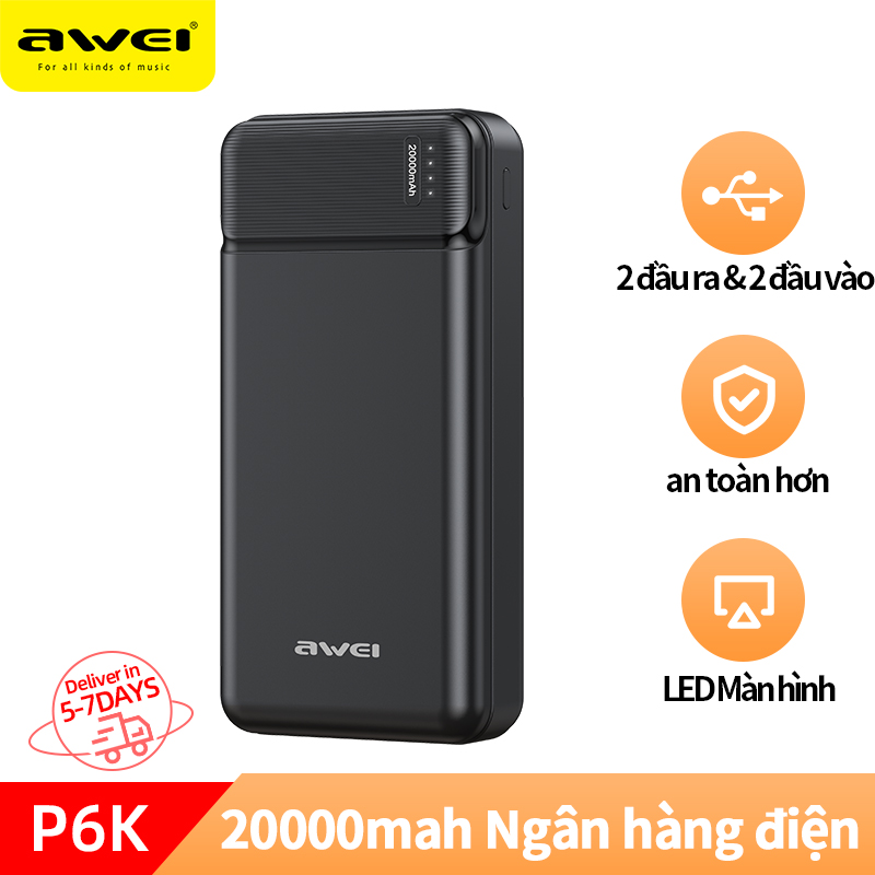 Bộ sạc dự phòng di động AWEI P6K 20000mAh với đầu vào kép USB Type