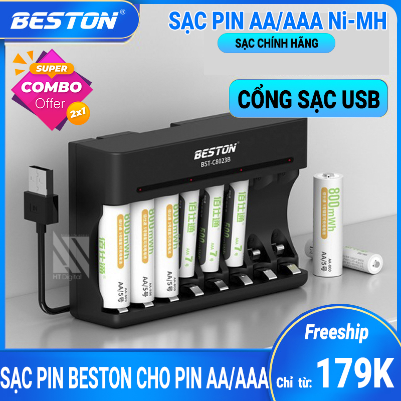 Bộ Sạc Pin BESTON C8023B 8 Khe Cho Pin Ni-MH AA AAA 1.2V có thể sạc hỗn hợp