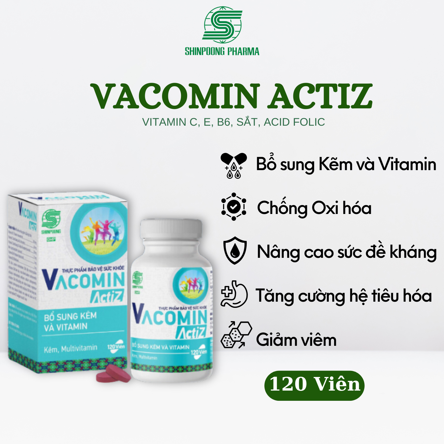 (Hộp 120V) Viên Uống VACOMIN ACTIZ Vitamin Tổng Hợp Và Kẽm Hữu Cơ, Tăng Cường Sức Khỏe, Nâng Cao Sức Đề Kháng, Bổ Sung Vitamin Nhóm B E C và Kẽm - SHINPOONG PHARMA