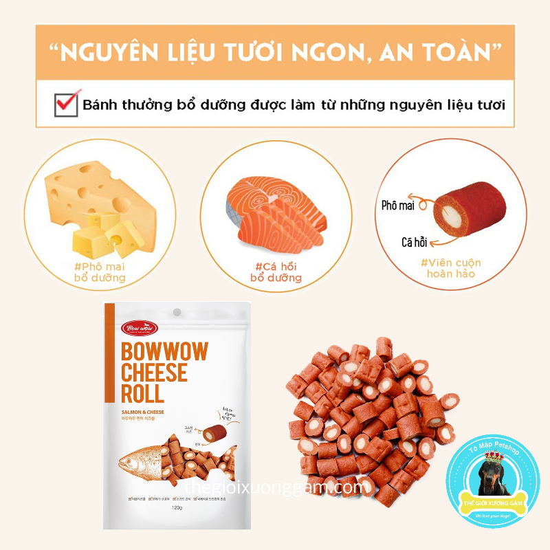 SNACK PHÔ MAI CUỘN THỊT GÀ CHEESE ROLL BOWWOW (TÚI ZIP 120GR)