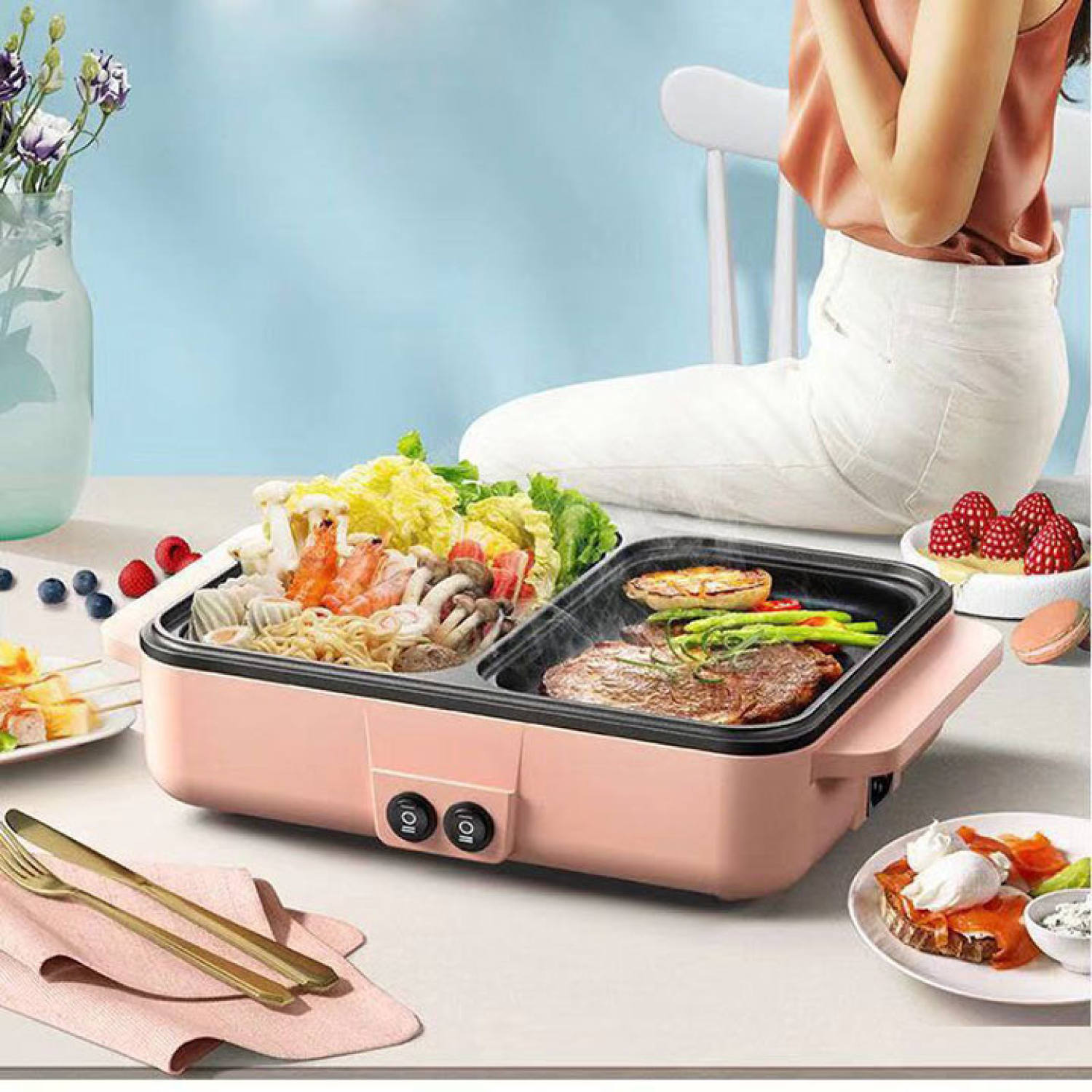 Bếp lẩu nướng điện 2 in 1 - nồi lẩu điện nướng đa năng cao cấp - bếp nướng bbq đa năng tích hợp 2 chức năng trong một sản phẩm vừa nướng vừa nấu lẩu, tiết kiệm điện, dễ vệ sinh -bếp than vuông |nonchuan
