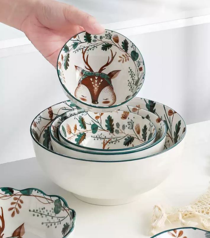 Bộ chén bát ăn cơm, đĩa khay gốm sứ Nai đen decor cao cấp