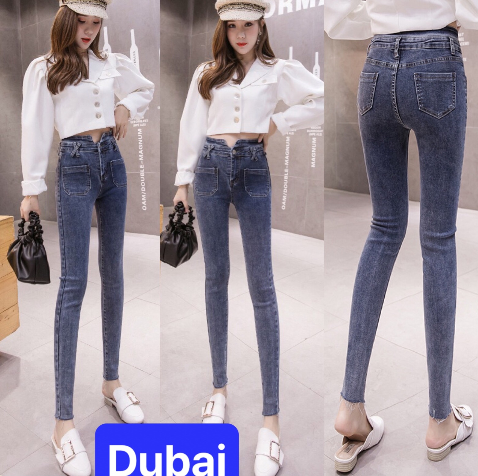QUẦN JEAN NỮ CHẤT BÒ XANH LƯNG KIỂU 2 TÚI TRƯỚC HÀN QUỐC LƯNG CAO NÂNG MÔNG SIÊU CO GIÃN DB-89 - DUBAI FASHION