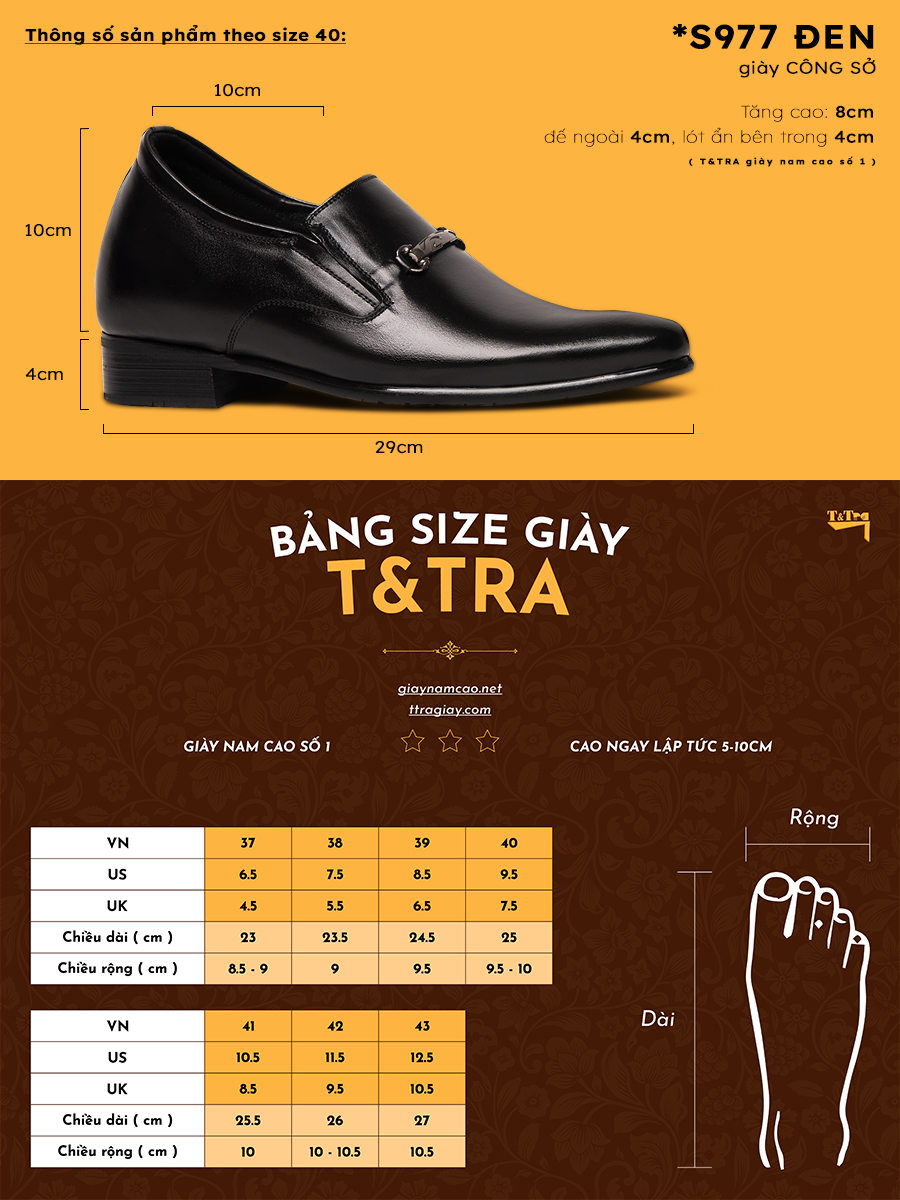 [ 8CM ] Giày Tăng Chiều Cao Nam T&TRA S977 Đen