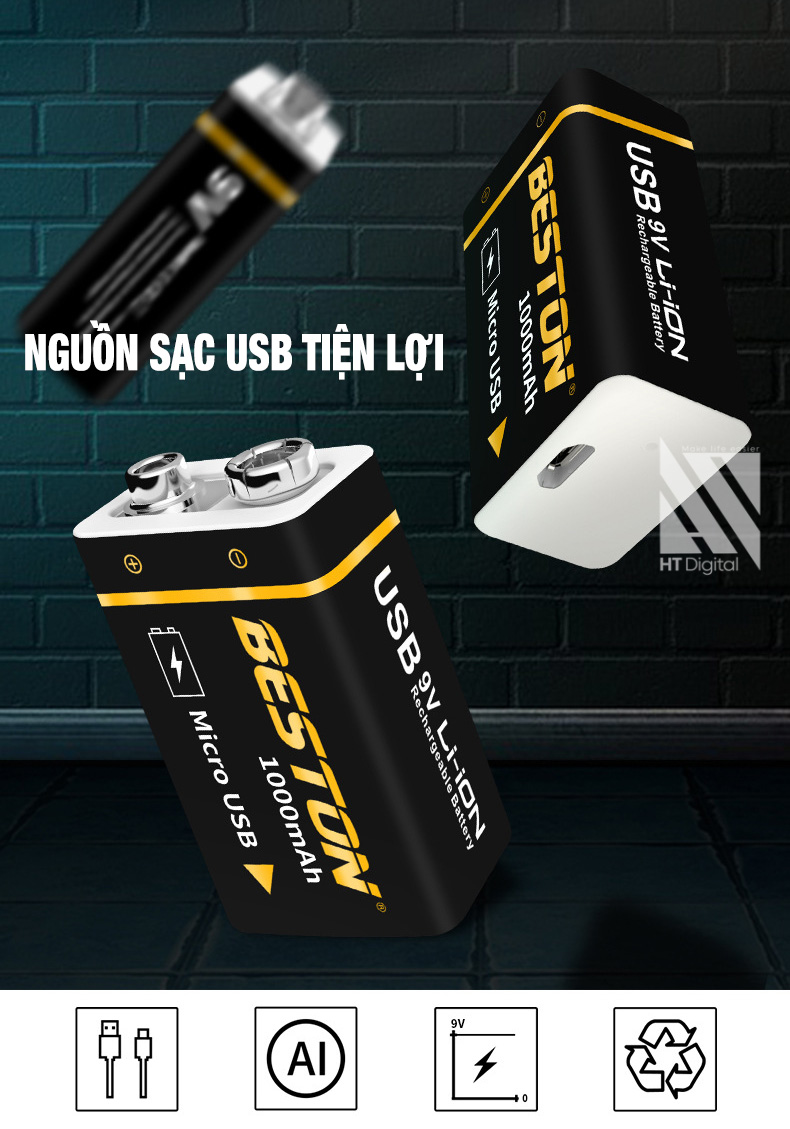 Pin sạc 9V Lithium Beston cổng sạc trực tiếp micro USB - Pin micro, đồng hồ đo điện, máy nghe nhạc, đèn pin,