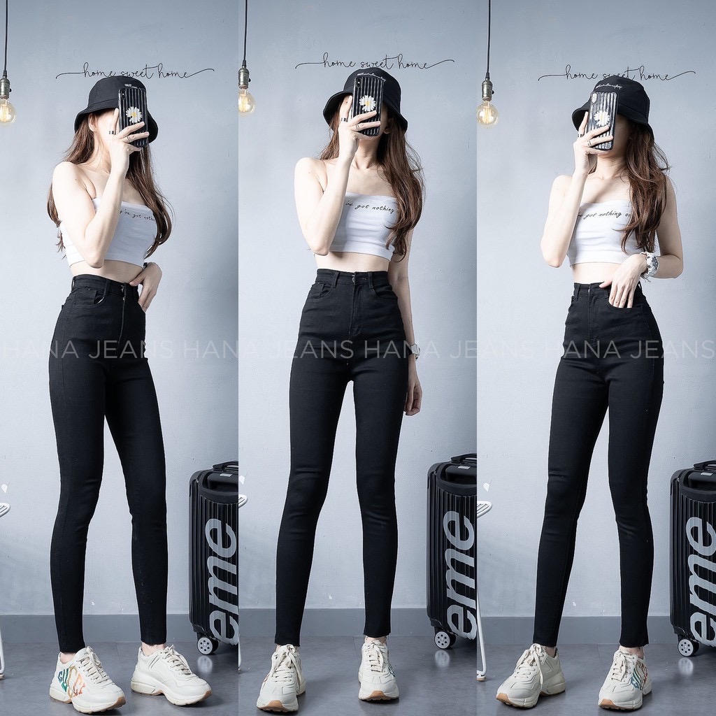 Quần jeans nữ lưng cao đen trơn co giãn vải đẹp dong phuong fashion