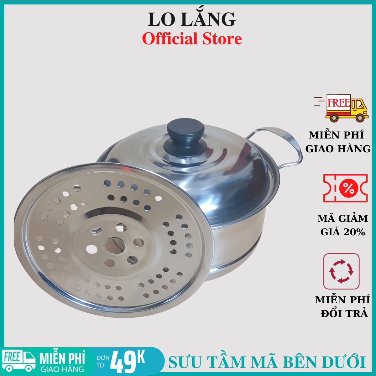Nồi inox kèm xửng hấp tiện lợi thân cao có nắp đậy kín cao cấp