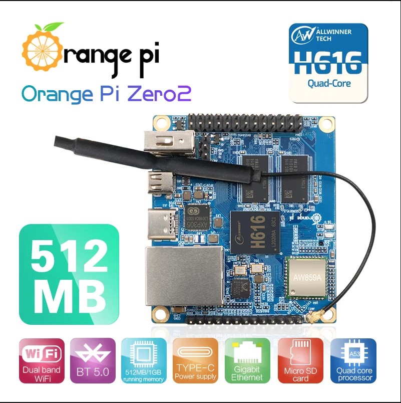 Orange Pi Zero2 chip H616 RAM 512M/1GB HDMI cấp nguồn USB type C