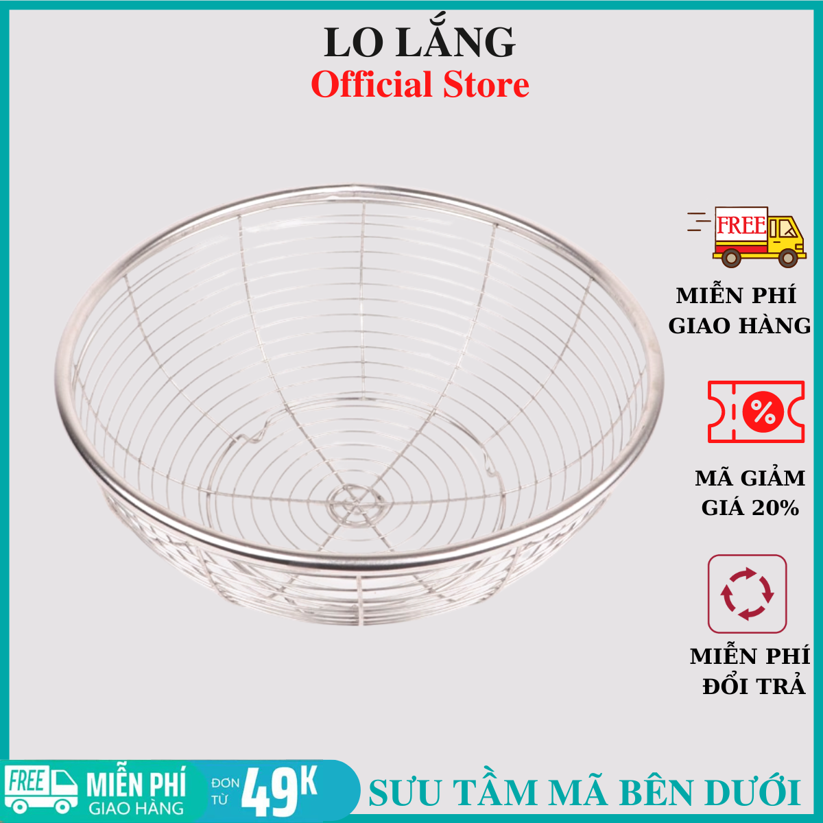 Rổ nan thưa inox loại lớn 27cm có chân đỡ giúp rau củ quả và đồ chiên luôn ráo nước đảm bảo vệ sinh cao cấp