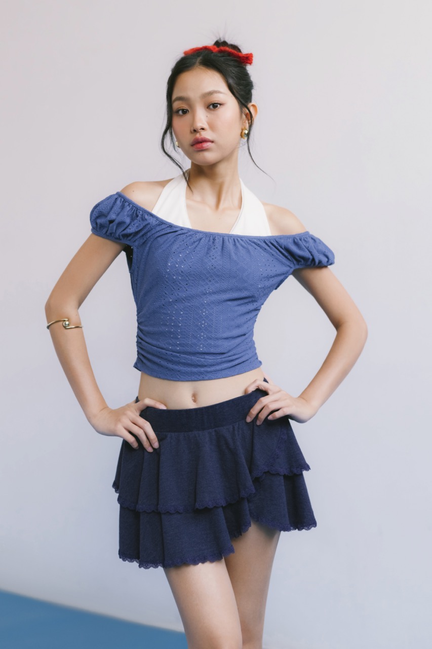 LIBÉ WORKSHOP - Áo thun croptop nhún eo màu xanh dương