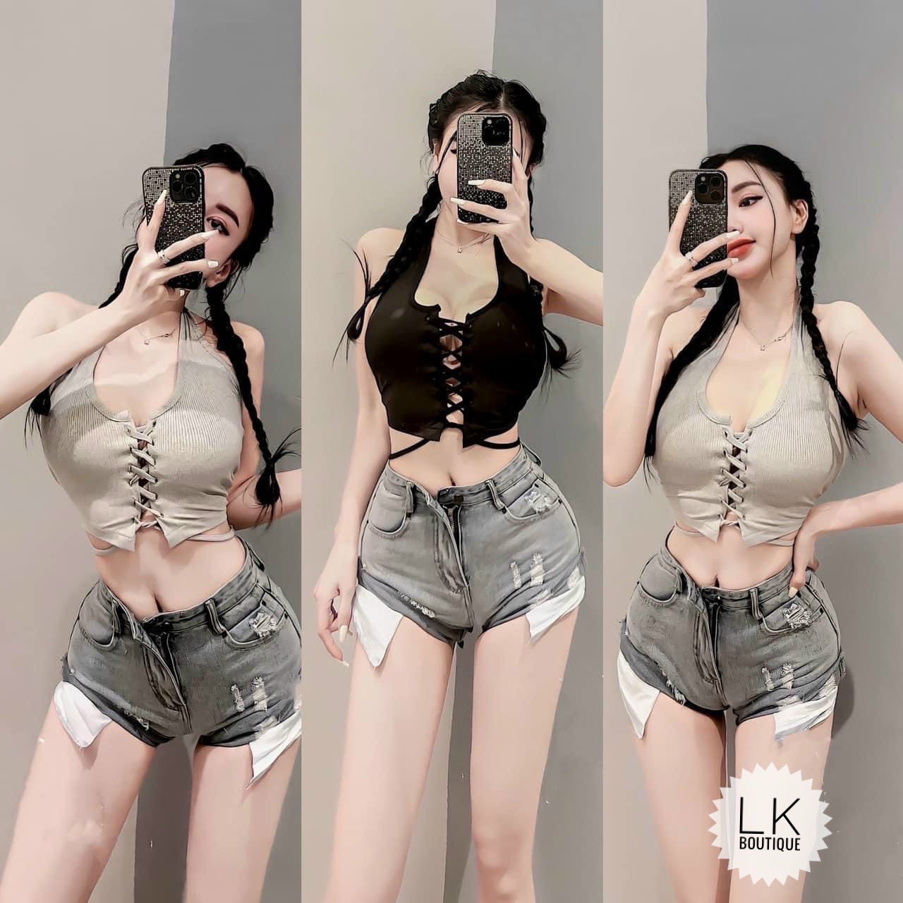 Áo kiểu yếm đeo cổ đan dây ngực croptop
