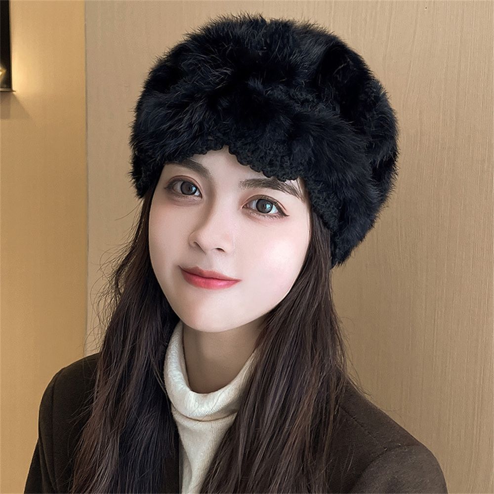 DOYOURS Flower Soft Warmer Elastic Rabbit Fur Cap Winter Hat Fluffy Hollow