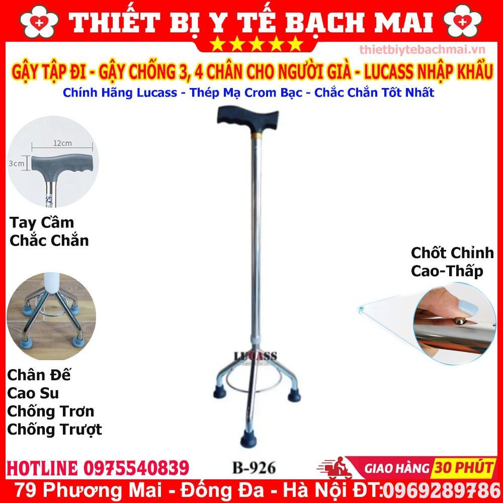 Gậy Chống 3, 4 Chân Cho Người Già Lucass [Nhập Khẩu-Chỉnh Cao Thấp Được]