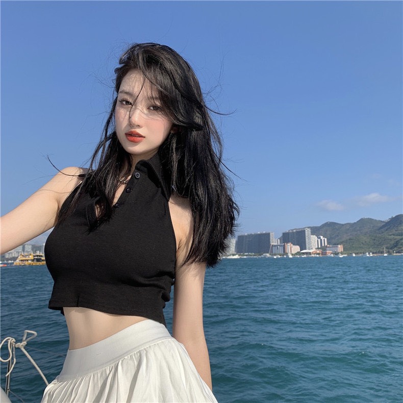 Áo Croptop Cổ Bẻ PINKSTORE29 Kiểu Yếm Xinh Xắn A5109