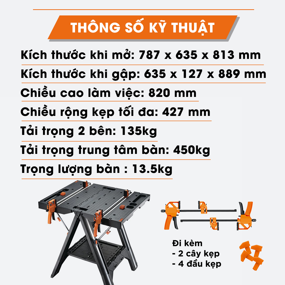 Bàn làm việc đa năng xếp gọn WORX WX051 tải trọng lên đến 450kg, dễ dàng gấp gọn di chuyển, mặt bàn rộng dễ thao tác, có hộp đựng đồ nghề