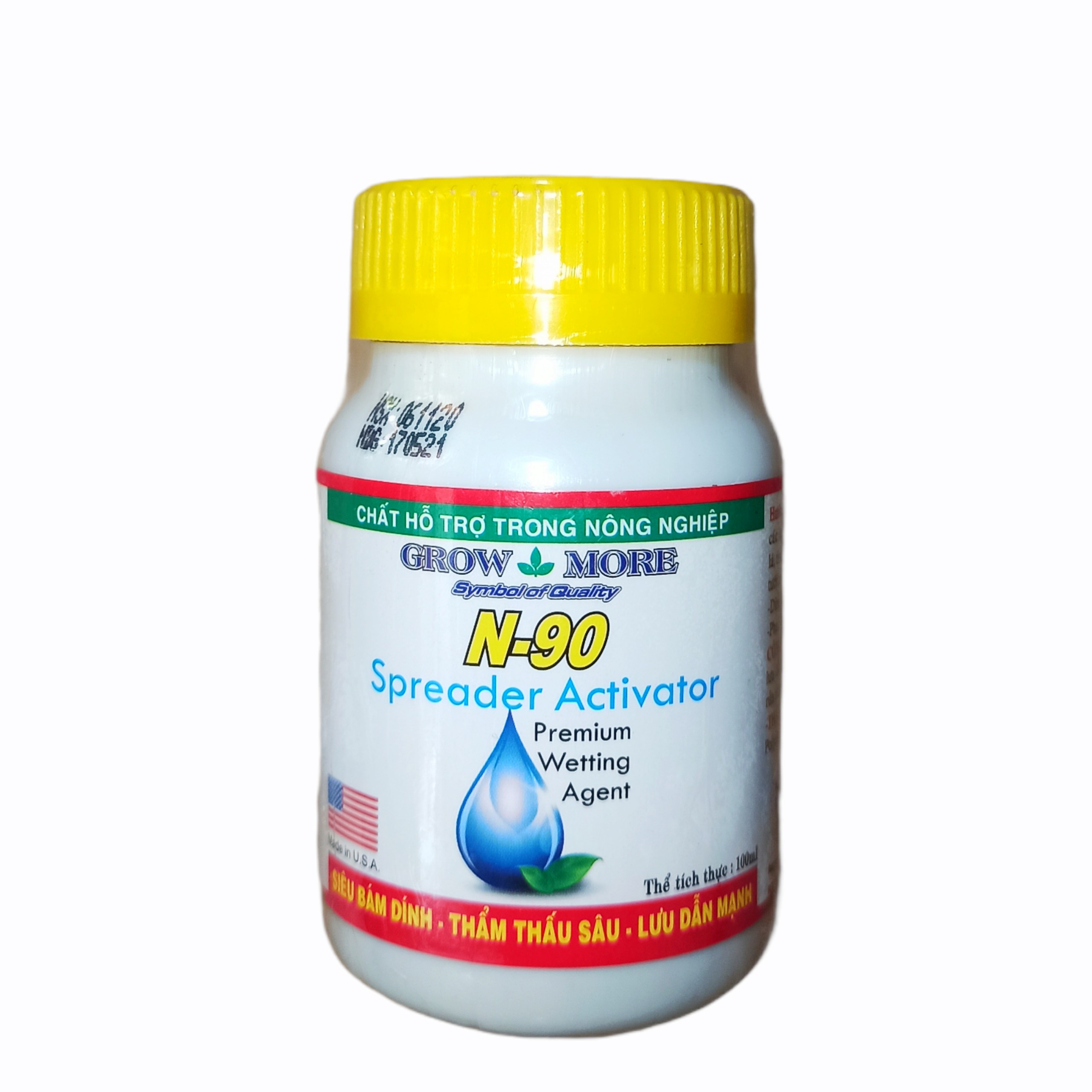 Siêu bám dính lưu dẫn N-90 của Mỹ 100ml hỗ trợ bám dính cao, thẩm thấu sâu, lưu dẫn mạnh, loang trải đều, phân bổ các nguyên tố dinh dưỡng cần thiết cho cây, làm tăng hiệu quả sử dụng phân bón lên đến 90%