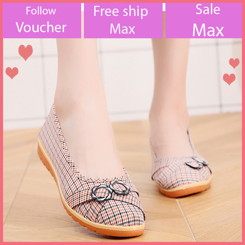 Giày búp bê nữ, giày đế bằng nữ vải caro cao 2cm đi bộ cực êm chân V220