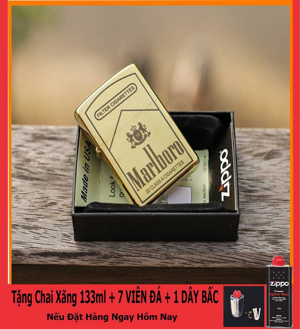 [HCM]Bật Lửa Zippo USA Khắc Logo Malboro - Tặng Xăng Đá