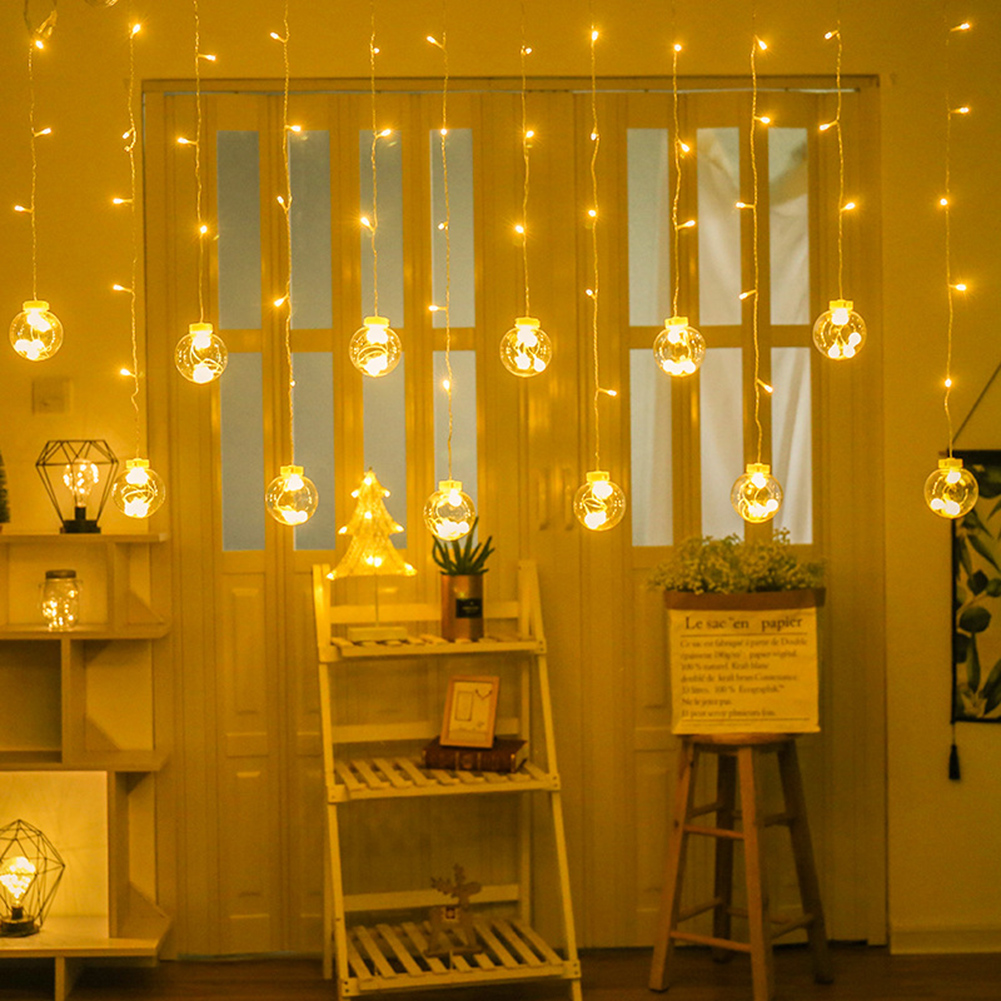 Rèm Thả Đèn LED Trang Trí Bóng Tròn Trong Suốt 12 Quả Cầu Pha Lê Chỉnh 8 Chế Độ Chớp Nháy Đứng Yên Cắm Điện, Đèn Trang Trí Trong Nhà Ngoài Trời, Đèn Decor Nhà Cửa Lễ Tết