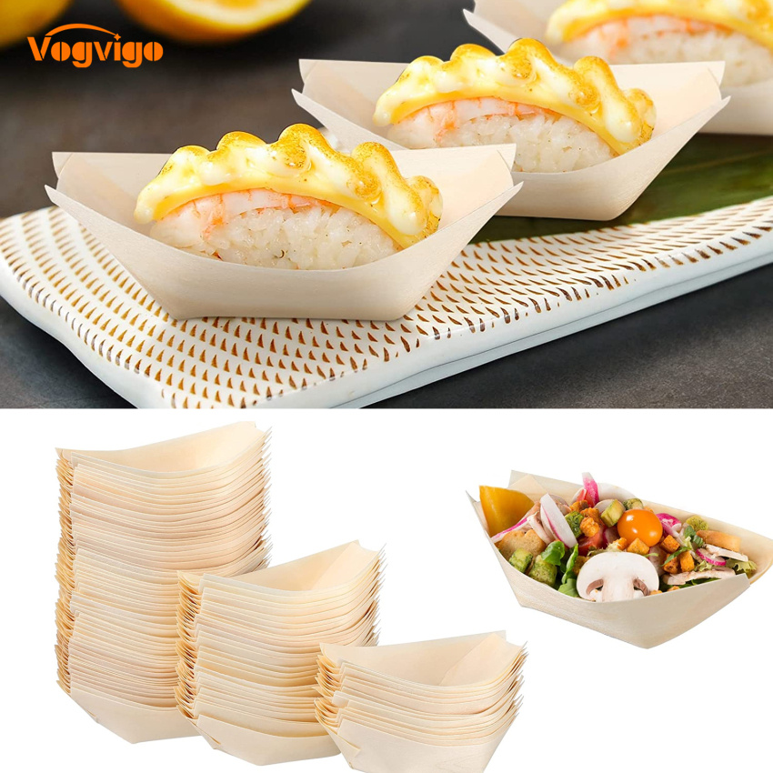 100pcs Wooden Sushi Serving Tray Boat Disposable Japanese Sashimi Plate Snack Dessert Candy Serving Dish for Restaurant Home