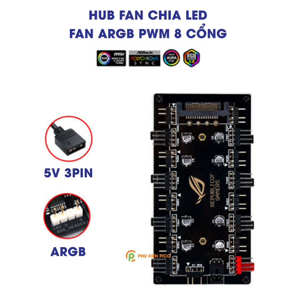 Hub fan chia led fan argb pwm 8 cổng - hub 8 cổng a-rgb và pwm tích hợp
