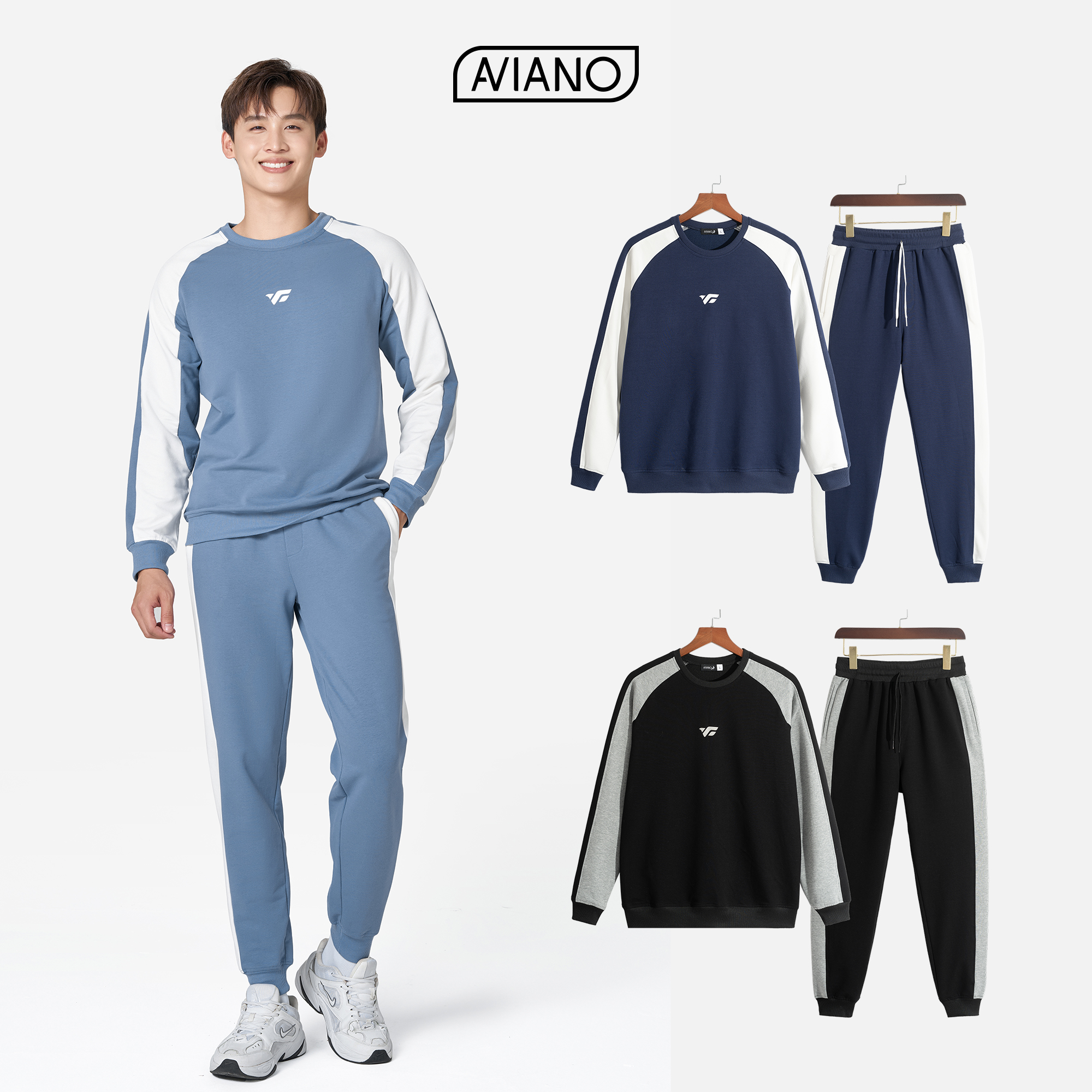 Bộ Đồ Nam AVIANO 4 Màu Dài Tay, Bộ Thể Thao Nam Chất Nỉ Cổ Tròn Thu Đông