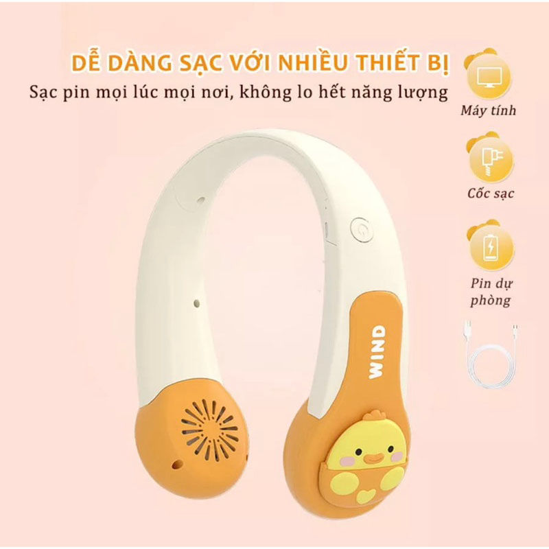 Quạt Đeo Cổ Mini Không Cánh Hình Thú 3D với 3 Cấp Độ Gió