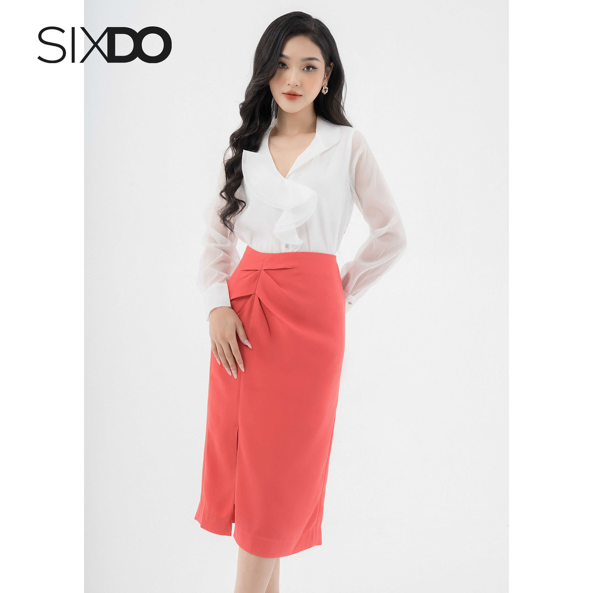 Áo sơ mi nữ trắng cổ V phối bèo SIXDO (White Frilled Stand Collar Top)