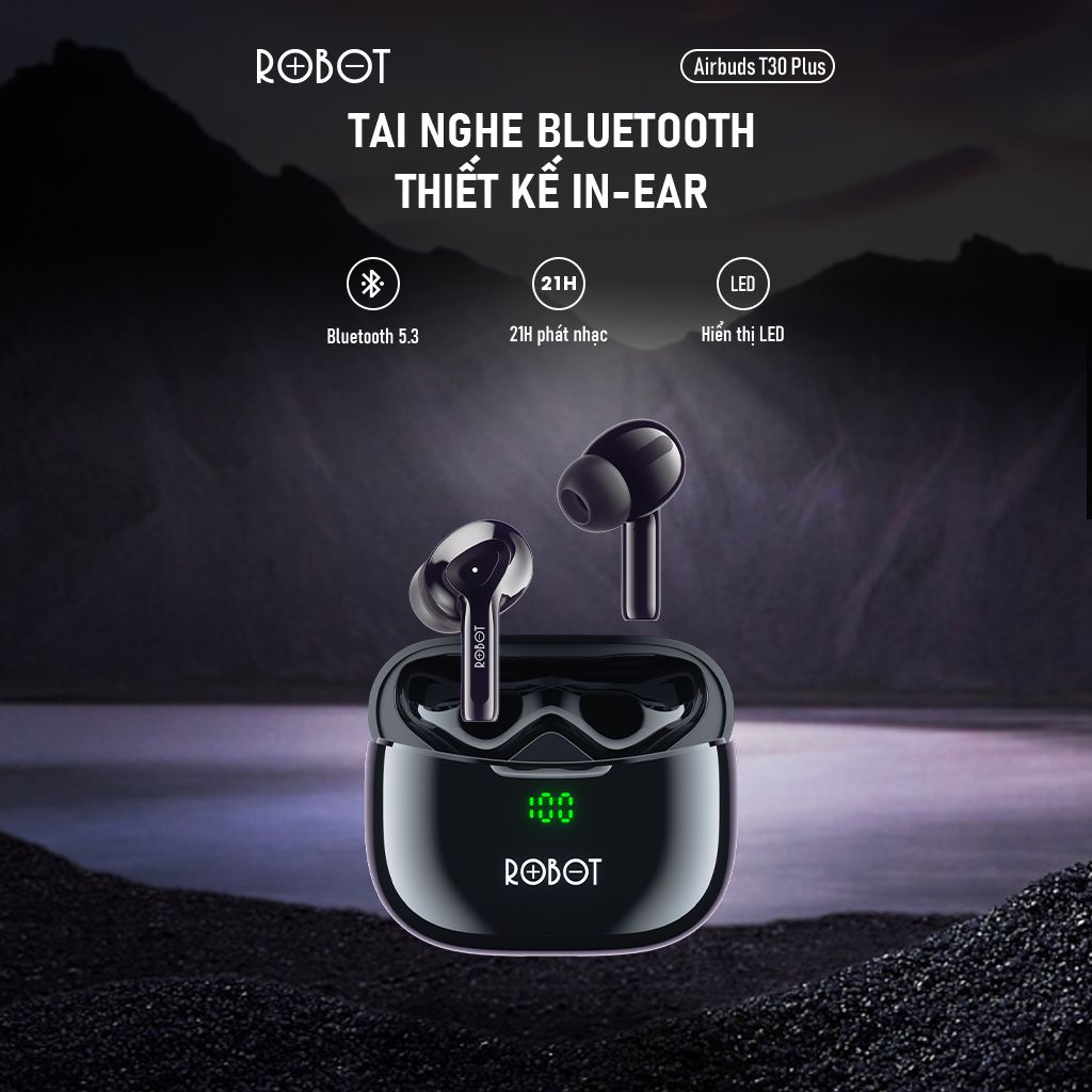 Tai nghe bluetooth Robot Airbuds T30 Plus hiển thị LED chống nước IPX4 thời gian nghe nhạc 21h thiết kế tai nghe không dây bass mạnh đàm thoại trong rõ tích hợp microphone tiện dụng thời gian nghe nhạc