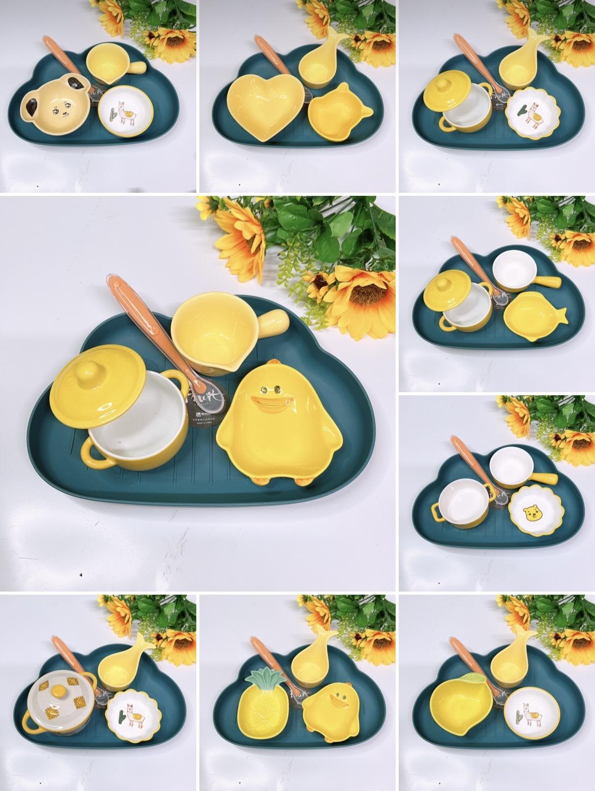 [Hoàn tiền 6%] Combo Sứ Hồng, Cam, Vàng (Gồm khay mây, thìa, bát sứ) S62