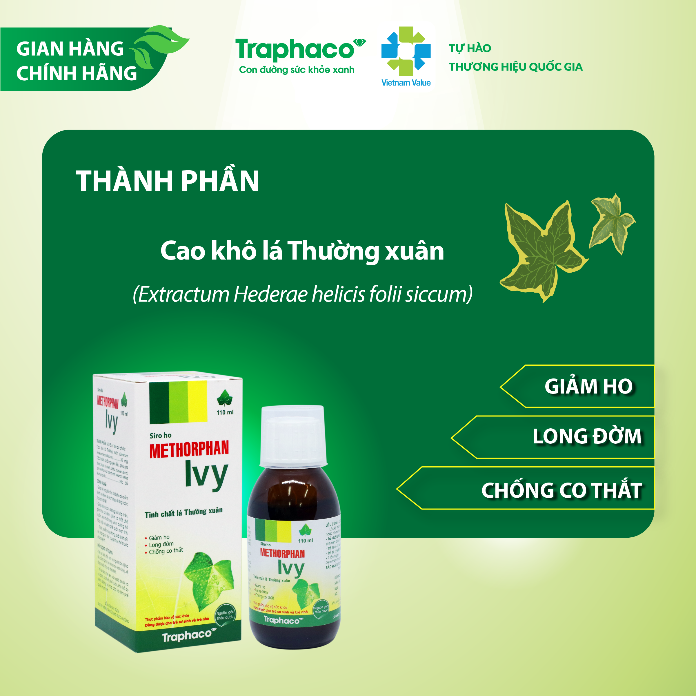 TPBVSK SIRO METHORPHAN IVY - HỖ TRỢ GIẢM HO - LONG ĐỜM - CHỐNG CO THẮT