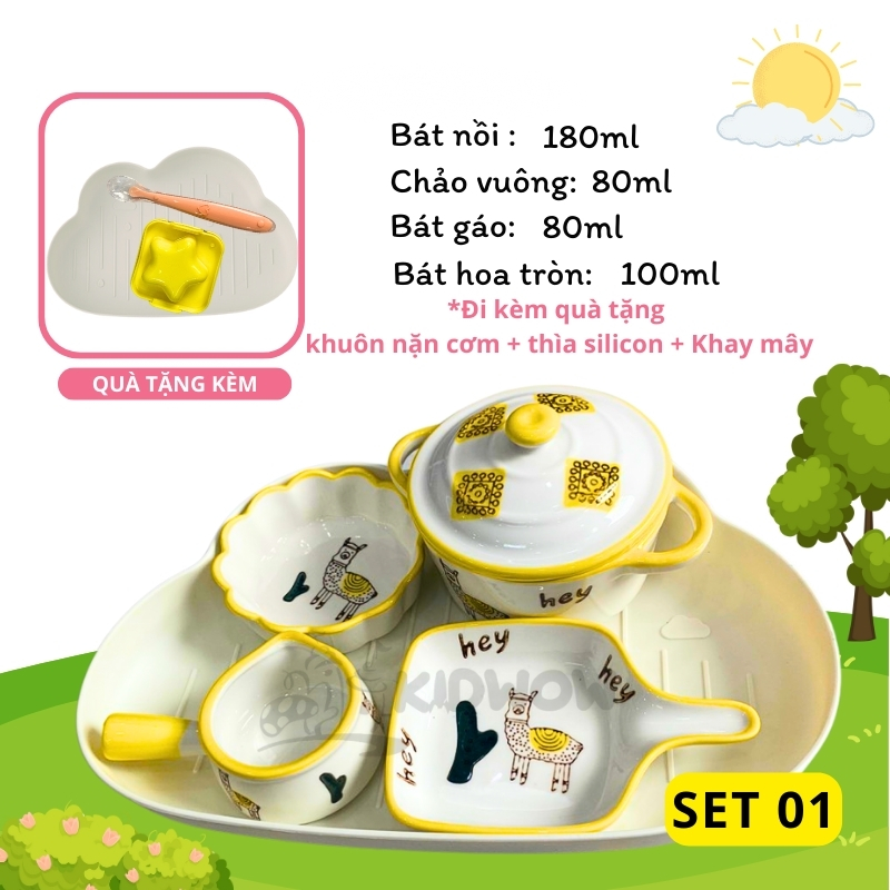 [TẶNG THÌA SILICON+ KHUÔN CƠM+ KHAY MÂY] Bộ Bát Sứ Ăn Dặm Cho Bé Siêu Đáng Yêu