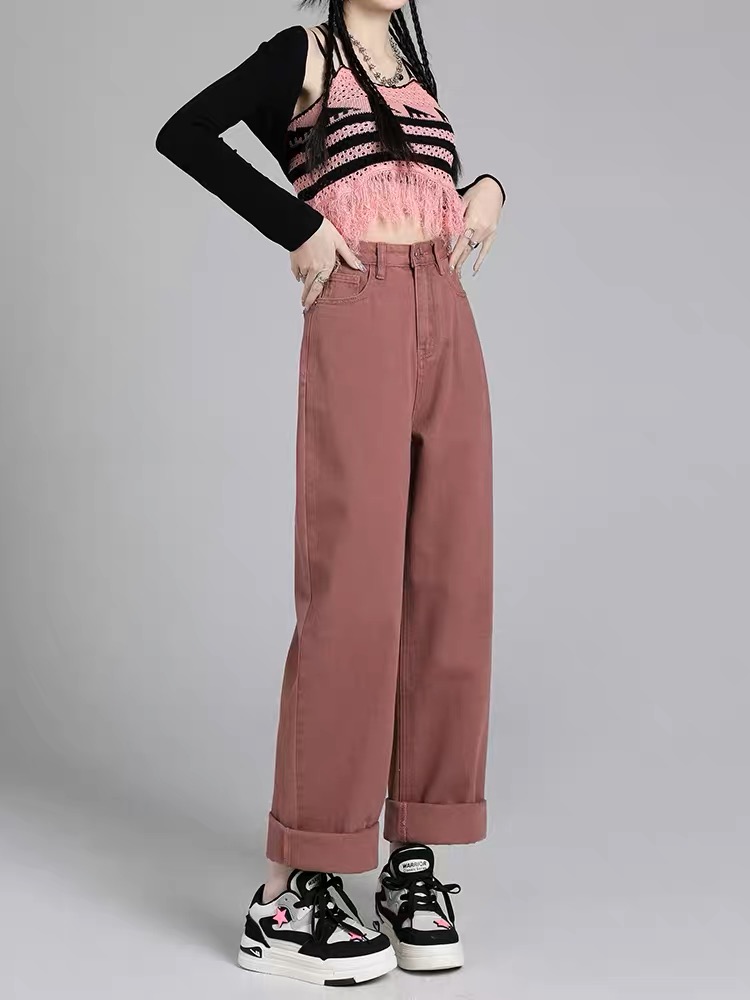 Quần ống rộng xanh lục form suông quần xanh nữ jeans quần dài màu xanh lá ống suông