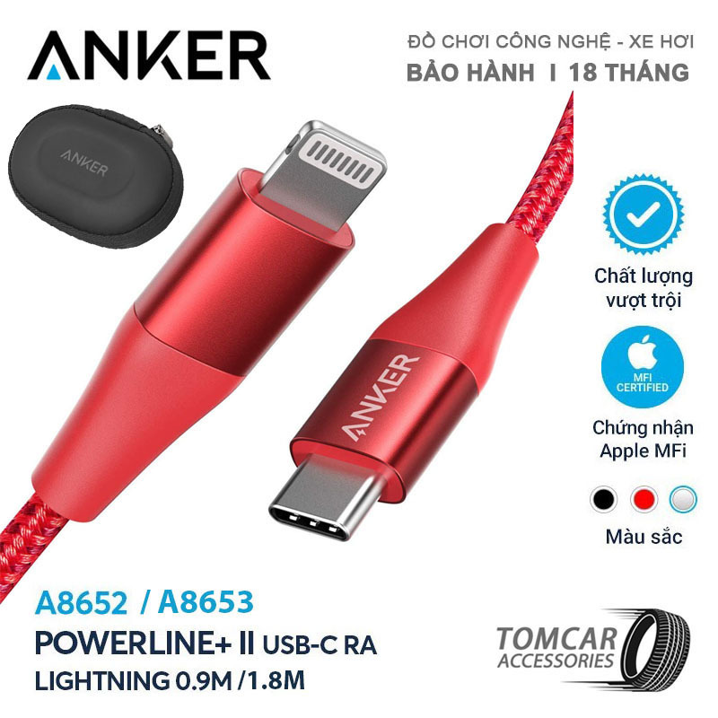 Cáp sạc nhanh ANKER Powerline+ II USB C to Lightning Cable [3 ft Apple MFi Certified] Anker A8652/ A8653 chiều dài tương ứng 0.9m và 1.8m có tặng bao đựng cáp sạc