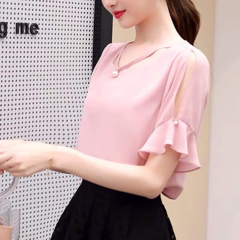 Áo sơ mi nữ 💖 Áo sơ mi nữ kiểu xẻ tay áo, bèo cổ tay, cổ áo dây truyền siêu sang