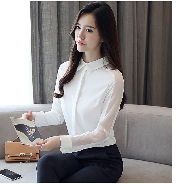 Áo sơ mi nữ Giấu Nút tay dài phối voan mỏng