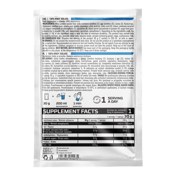 Sữa Bột Whey Protein Isolate OstroVit 30g/Gói, Set 5 Gói  Nhập khẩu Ba Lan