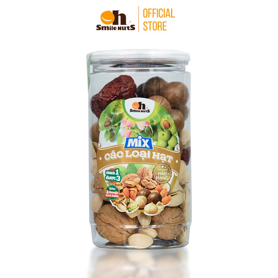 Hộp Mix Các loại hạt và Táo đỏ Smile Nuts 350g (Gồm: Hạt Macca Úc, Quả Óc Chó vàng Chile còn vỏ, Hạt Dẻ cười Mỹ và Táo đỏ Tân Cương)
