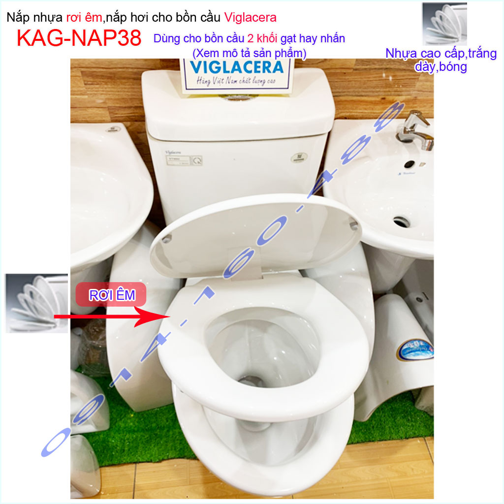 [HCM]Nắp bồn cầu rơi êm Viglacera KAG-NAP38, nắp hơi bàn cầu 2 khối nhựa dày trắng bóng