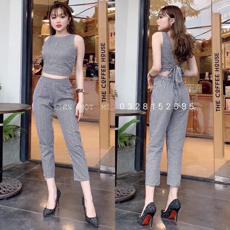 Set Bộ Nữ Siêu Dễ Thương Caro Thắt Nơ Sau Lưng Quyến Rũ Phong Cách Thời Trang SUNI ( Shop Như Ý)