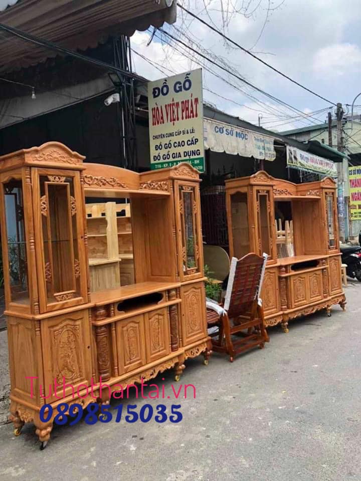 Kệ Tivi Gỗ Gõ Đỏ Cột Nho Kèm Tủ Rượu