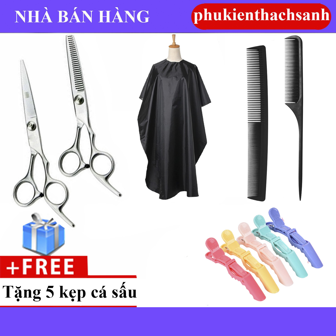 Combo Bộ Kéo cắt tóc và tỉa tóc + 2 cây lược + Áo choàng cắt tóc + 5 kẹp cá sấu